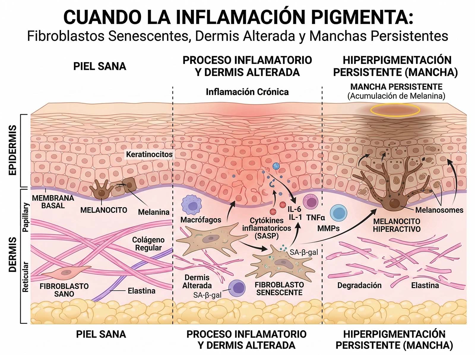 Cuando la inflamaci&oacute;n pigmenta: fibroblastos senescentes, dermis alterada y manchas persistentes